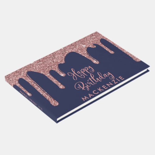 Chic Navy Blue Rose Gold Glitter Drips Birthday Guest Book