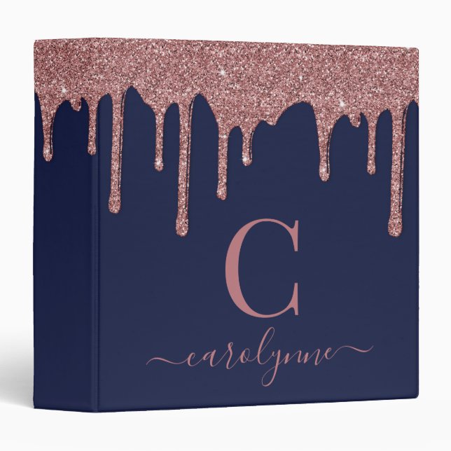 Chic Navy Blue Rose Gold Glitter Drips Monogram 3 Ring Binder (Front/Spine)
