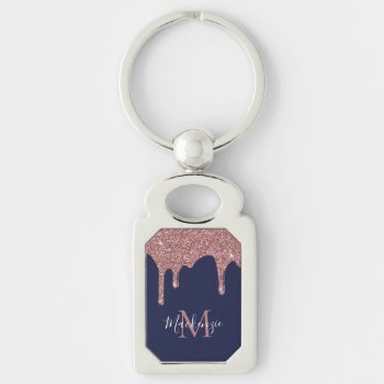 Chic Navy Blue Rose Gold Glitter Drips Monogram Keychain by CedarAndString at Zazzle