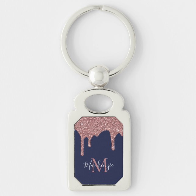Chic Navy Blue Rose Gold Glitter Drips Monogram Keychain (Front)