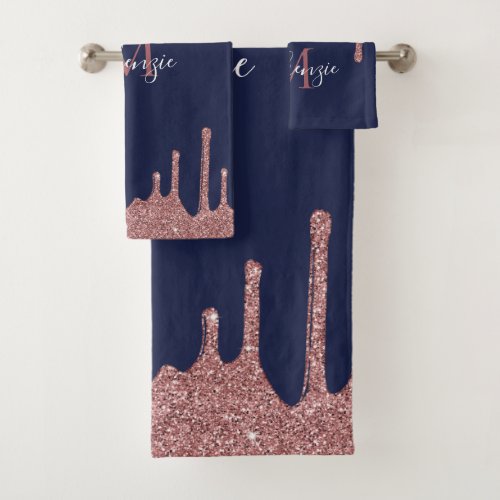 Chic Navy Blue Rose Gold Glitter Sparkle Drips Bath Towel Set