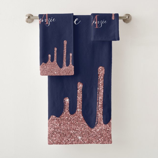 Chic Navy Blue Rose Gold Glitter Sparkle Drips Bath Towel Set (Insitu)