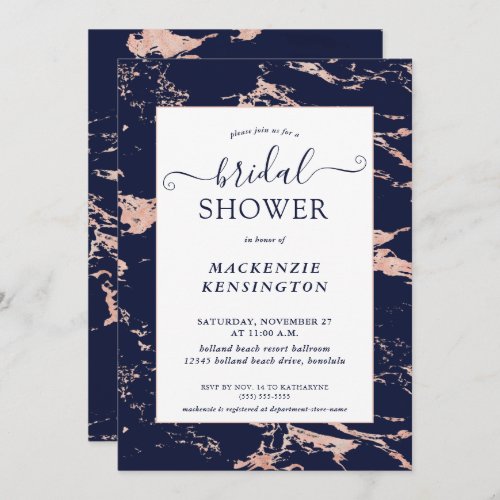 Chic Navy Blue Rose Gold Marble Bridal Shower Invi Invitation