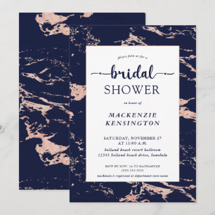 Chic Navy Blue Rose Gold Marble Bridal Shower  Invitation
