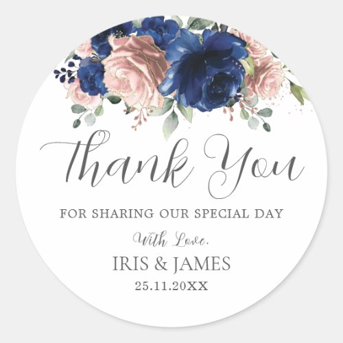 Chic Navy Blue Rose Gold Pink Floral Wedding Favor Classic Round Sticker