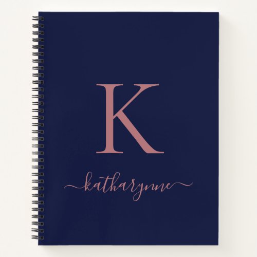 Chic Navy Blue Rose Gold Pink Monogram Name Notebook