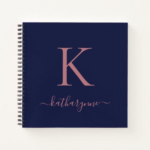 Chic Navy Blue Rose Gold Pink Monogram Name Notebook