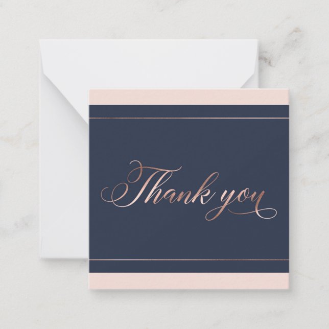 Chic Navy Blue & Rose Gold Script Thank You Note Card (Front)