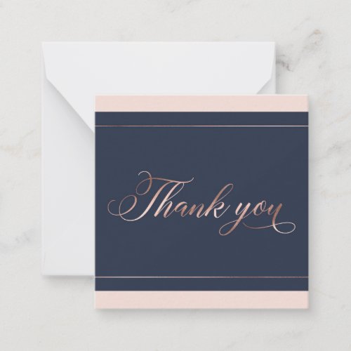 Chic Navy Blue  Rose Gold Script Thank You Note Card