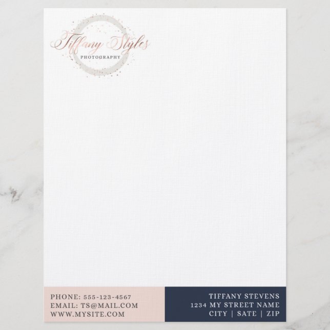 Chic Navy Blue & Rose Gold Trendy Company Logo Letterhead (Front)