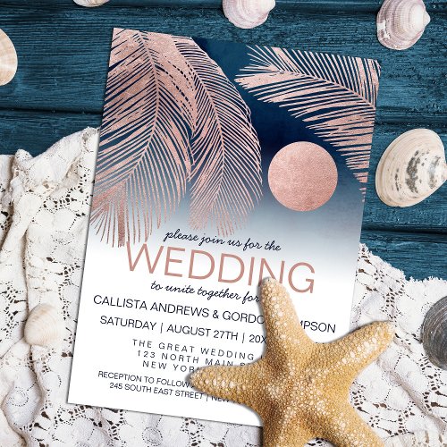 Chic Navy Blue Rose Gold White Palm Tree Wedding Invitation