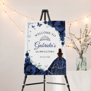 Chic Navy Blue Roses Silver Quinceanera Welcome Foam Board