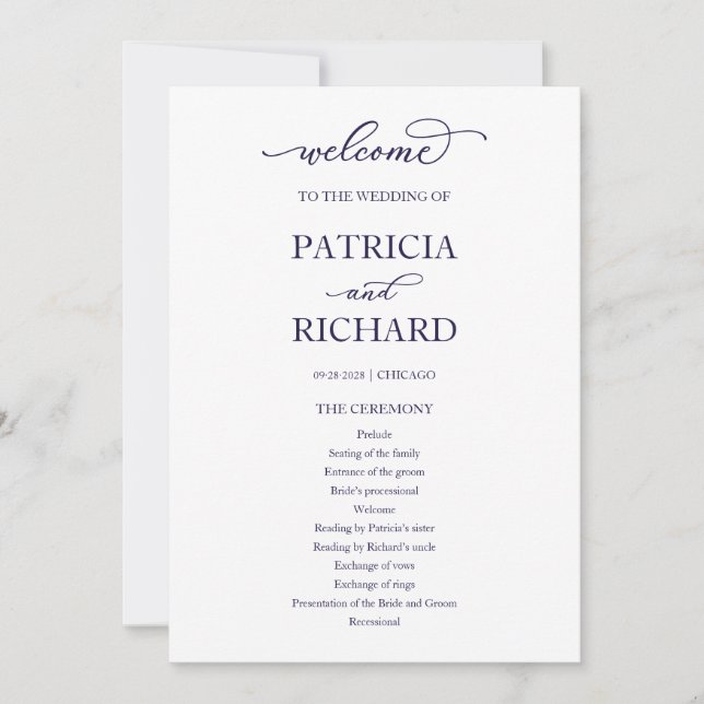 Chic Navy Blue Script Wedding Ceremony Program (Front)