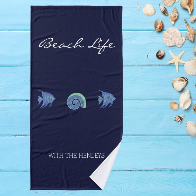 Chic Navy Blue Sea Life Family Name Beach House  Bath Towel Set (Creator Uploaded)