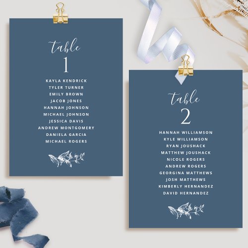 Chic Navy Blue Seating Plan Cards with Guest Names