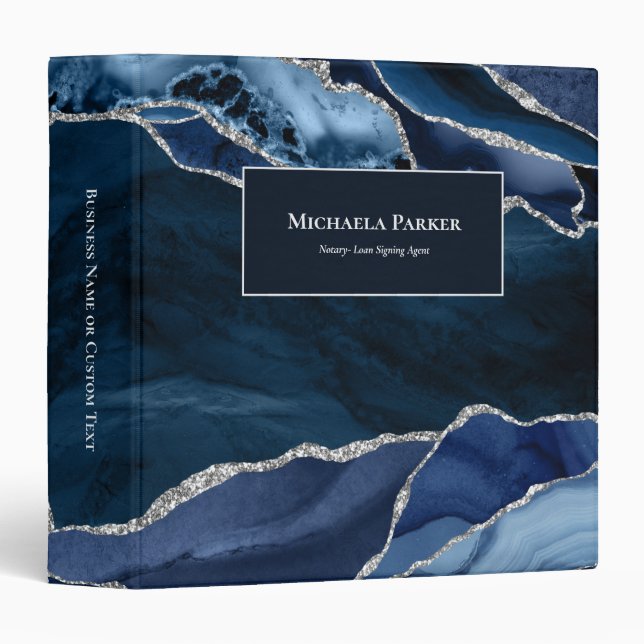 Chic Navy Blue Silver Agate Geode Professional 3 Ring Binder (Front/Spine)