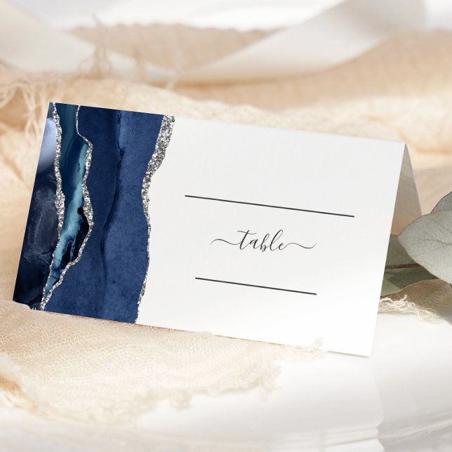 Chic Navy Blue Silver Agate Wedding Table Place Card (Creator Uploaded)
