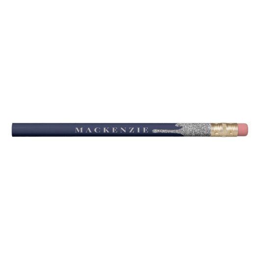 Chic Navy Blue Silver Dripping Glitter Luxury Pencil (Front)