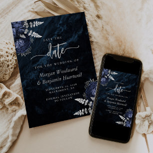Chic Navy Blue Silver Floral Wedding Save the Date Invitation