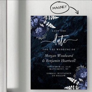 Chic Navy Blue Silver Floral Wedding Save the Date Magnetic Invitation