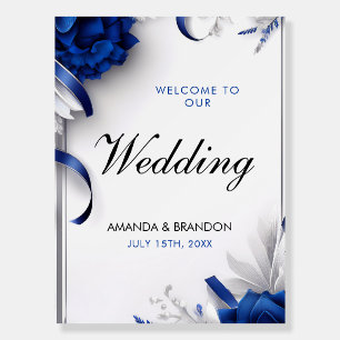 Chic Navy Blue & Silver Flowers Ribbons Wedding Foam Board