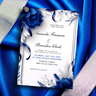 Chic Navy Blue & Silver Flowers Ribbons Wedding Invitation