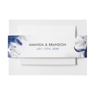 Chic Navy Blue & Silver Flowers Ribbons Wedding Invitation Belly Band