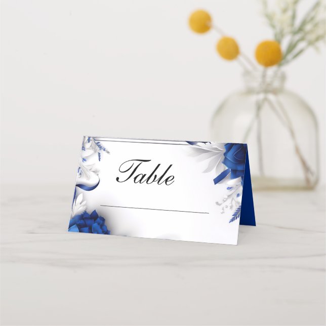 Chic Navy Blue & Silver Flowers Ribbons Wedding Place Card (Front)