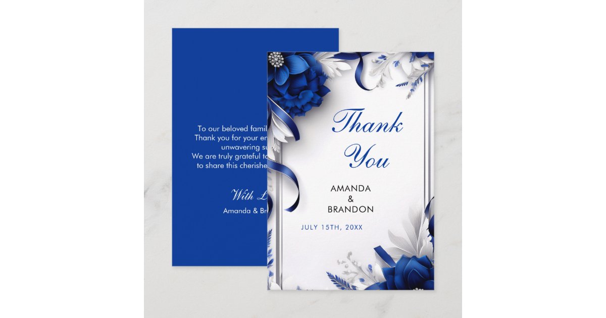 Chic Navy Blue & Silver Flowers Ribbons Wedding Thank You Card | Zazzle