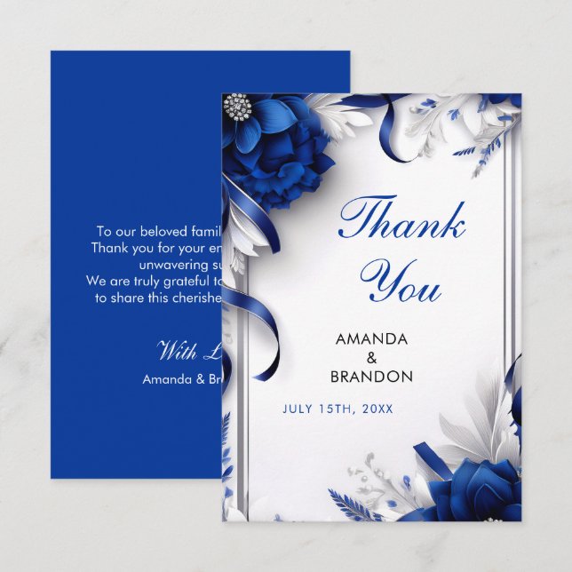 Chic Navy Blue & Silver Flowers Ribbons Wedding Thank You Card (Front/Back)