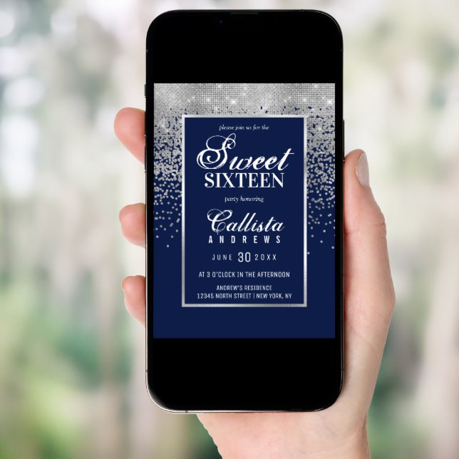 Chic Navy Blue Silver Glitter Confetti Sweet 16 Invitation (Front Digital)