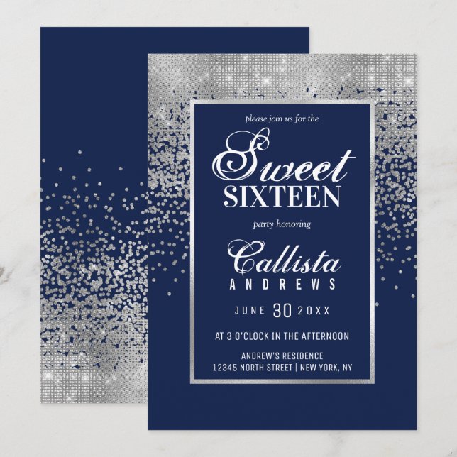 Chic Navy Blue Silver Glitter Confetti Sweet 16 Invitation (Front/Back)