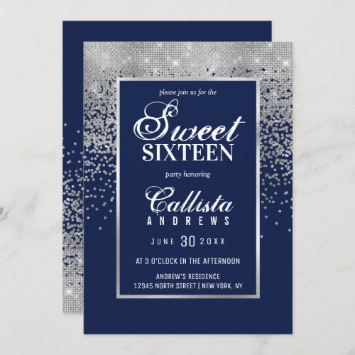 Chic Navy Blue Silver Glitter Confetti Sweet 16 Invitation