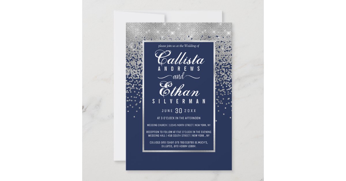 Chic Navy Blue Silver Glitter Confetti Wedding Invitation | Zazzle