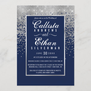 Chic Navy Blue Silver Glitter Confetti Wedding Invitation