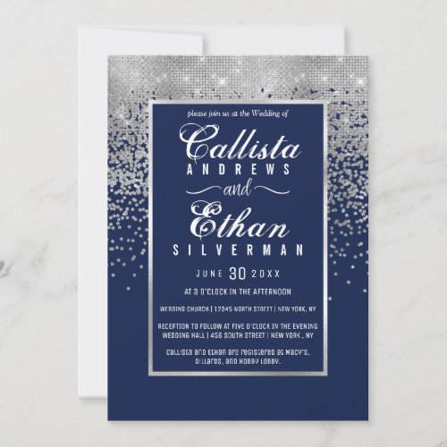 Chic Navy Blue Silver Glitter Confetti Wedding Invitation