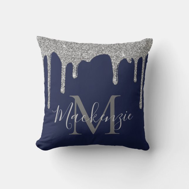 Chic Navy Blue Silver Glitter Drips Monogram Throw Pillow (Front)