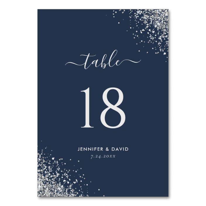 Chic Navy Blue Silver Glitter Wedding Table Number