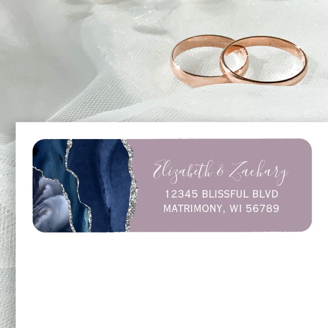Chic Navy Blue Silver Mauve Wedding Return Address Label (Creator Uploaded)