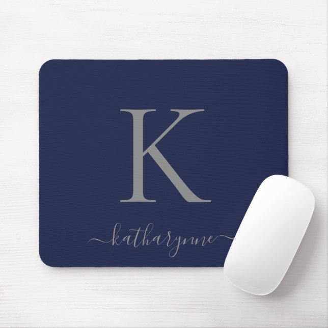 Chic Navy Blue Silver Monogram Script Mouse Pad (With Mouse)