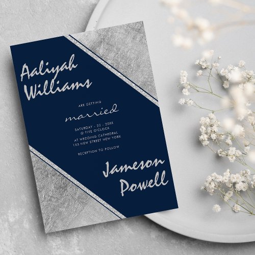 Chic navy blue silver script calligraphy wedding invitation