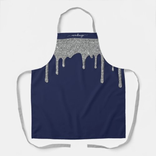 Chic Navy Blue Silver Sparkle Glitter Drips Apron