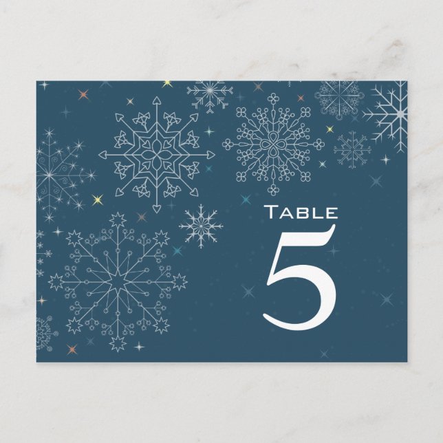 Chic navy blue snowflake wedding table number (Front)