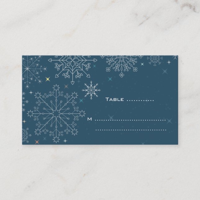 Chic navy blue snowflake winter wedding place card (Front)