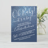 Chic Navy Blue Sparkly Glitter Ombre Baby Shower Invitation (Standing Front)