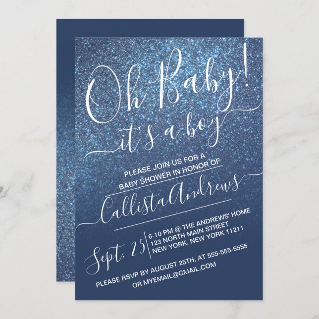 Chic Navy Blue Sparkly Glitter Ombre Baby Shower Invitation (Front/Back)