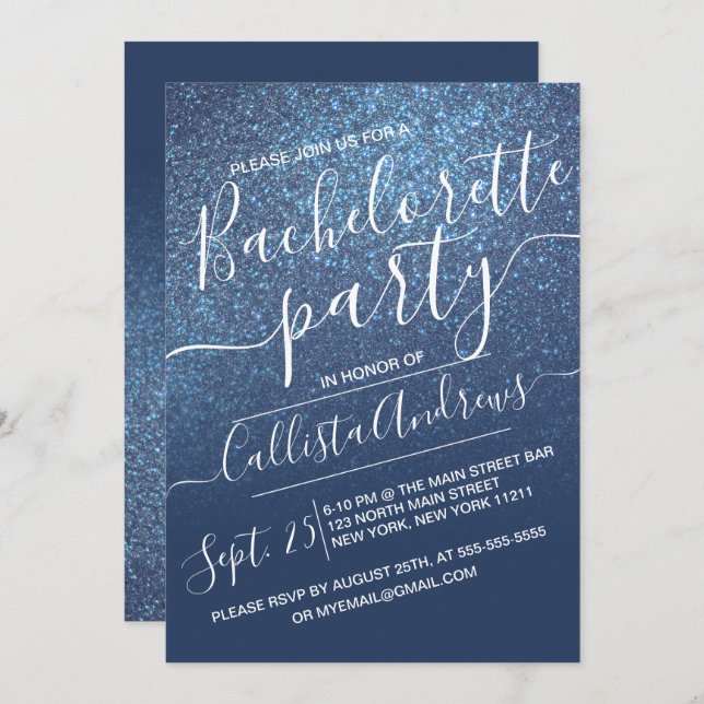 Chic Navy Blue Sparkly Glitter Ombre Bachelorette Invitation (Front/Back)