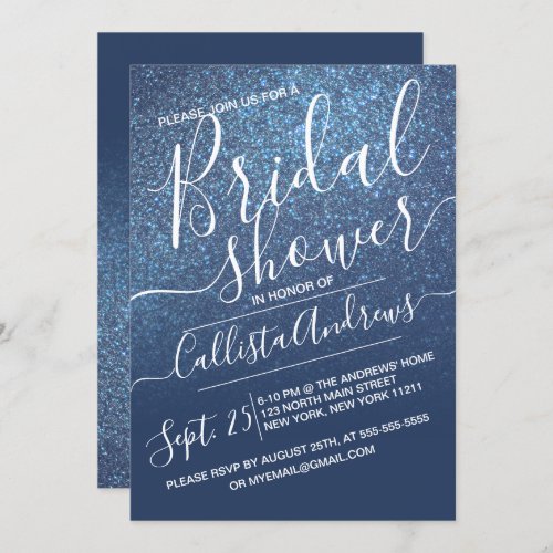 Chic Navy Blue Sparkly Glitter Ombre Bridal Shower Invitation