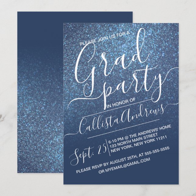 Chic Navy Blue Sparkly Glitter Ombre Graduation Invitation (Front/Back)