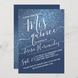 Chic Navy Blue Sparkly Glitter Ombre Quinceañera Invitation